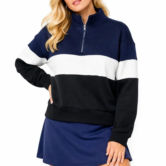 Addison Bay Preppy Athleisure Soft Luxe Varsity Quarter Zip Navy White Black XS - Picture 2 of 13